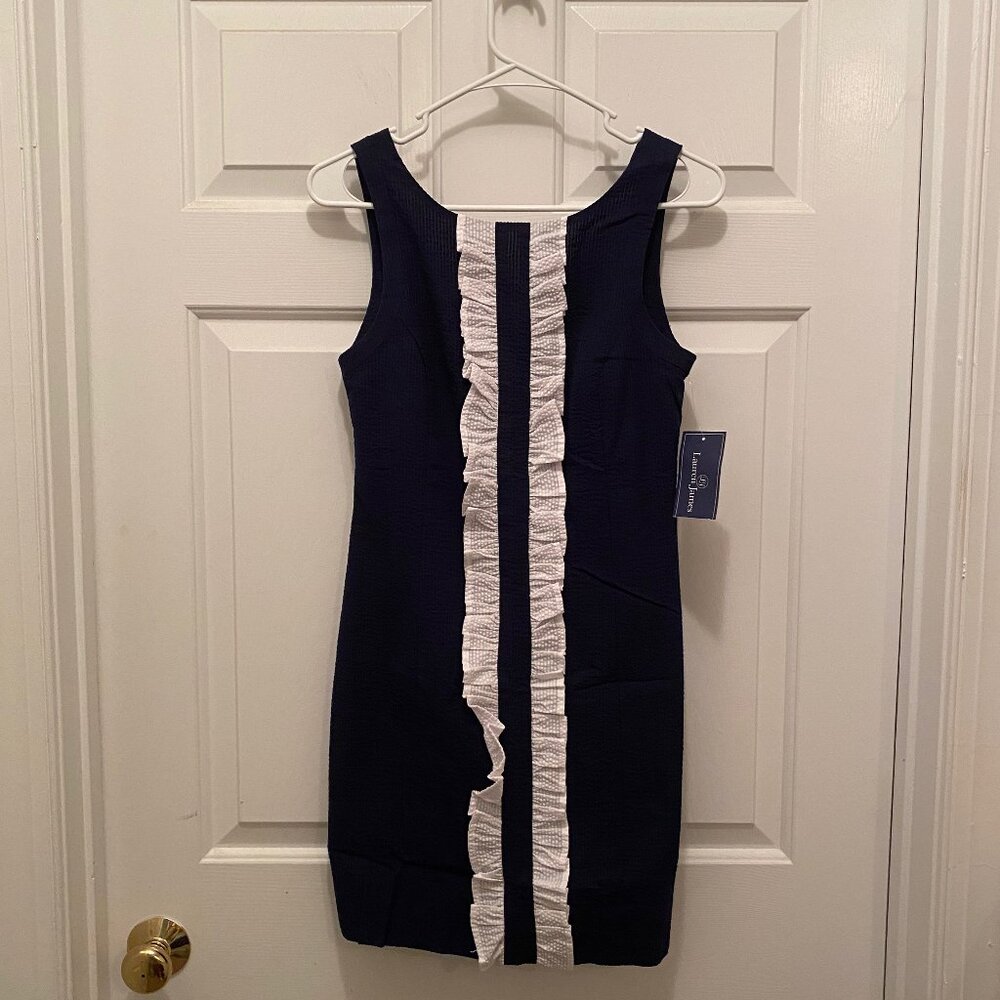 NWT Lauren James Landry Women's Bailey Navy Blue Seersucker Ruffle Dress XS